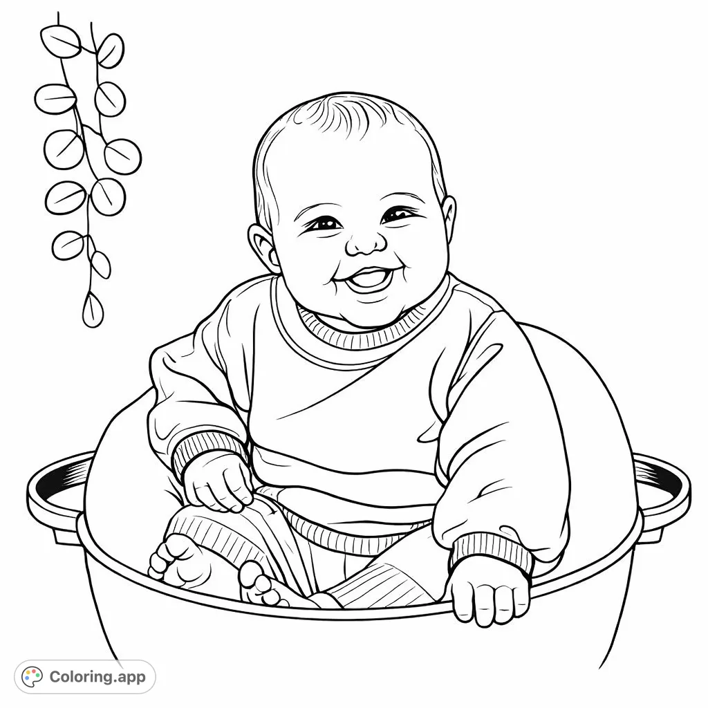A delightful coloring page featuring a smiling baby nestled in a round container with a soft cushion and a trailing plant in the background. Perfect for all ages!