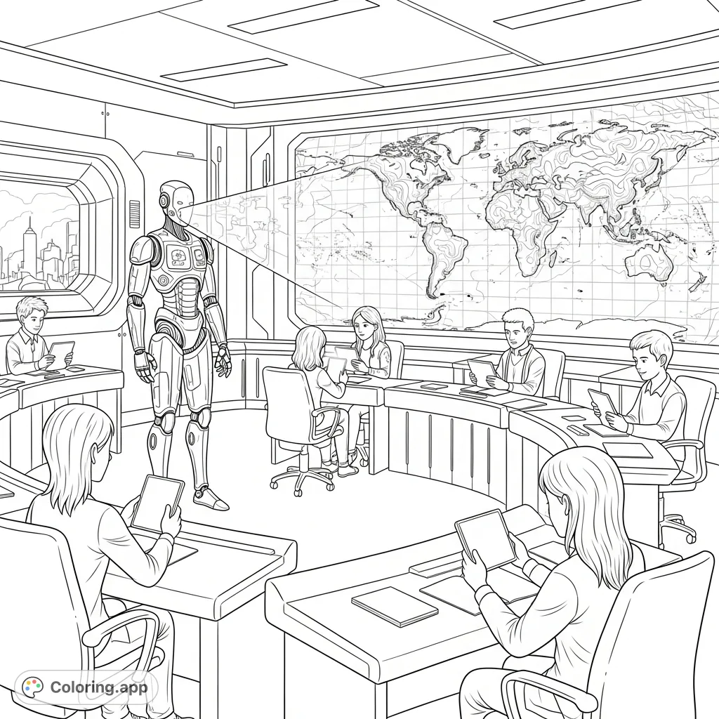Explore a futuristic classroom with a robot teacher projecting a world map and students engrossed in sleek tablets. A captivating educational scene!