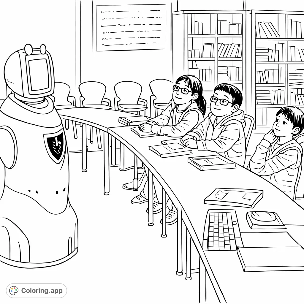 Explore a futuristic classroom scene featuring a friendly robot interacting with students at a curved table. A technology-themed free printable coloring page for all ages.