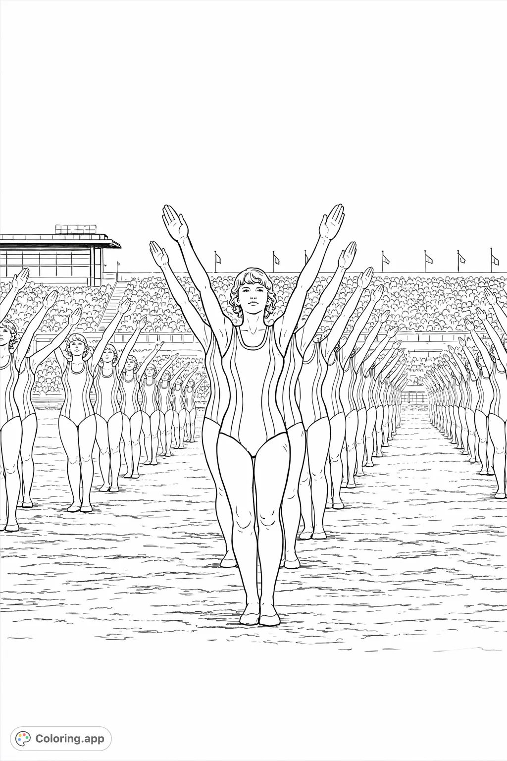 Experience the energy of a large-scale synchronized gymnastics event with this detailed coloring page, featuring a prominent athlete and rows of performers.