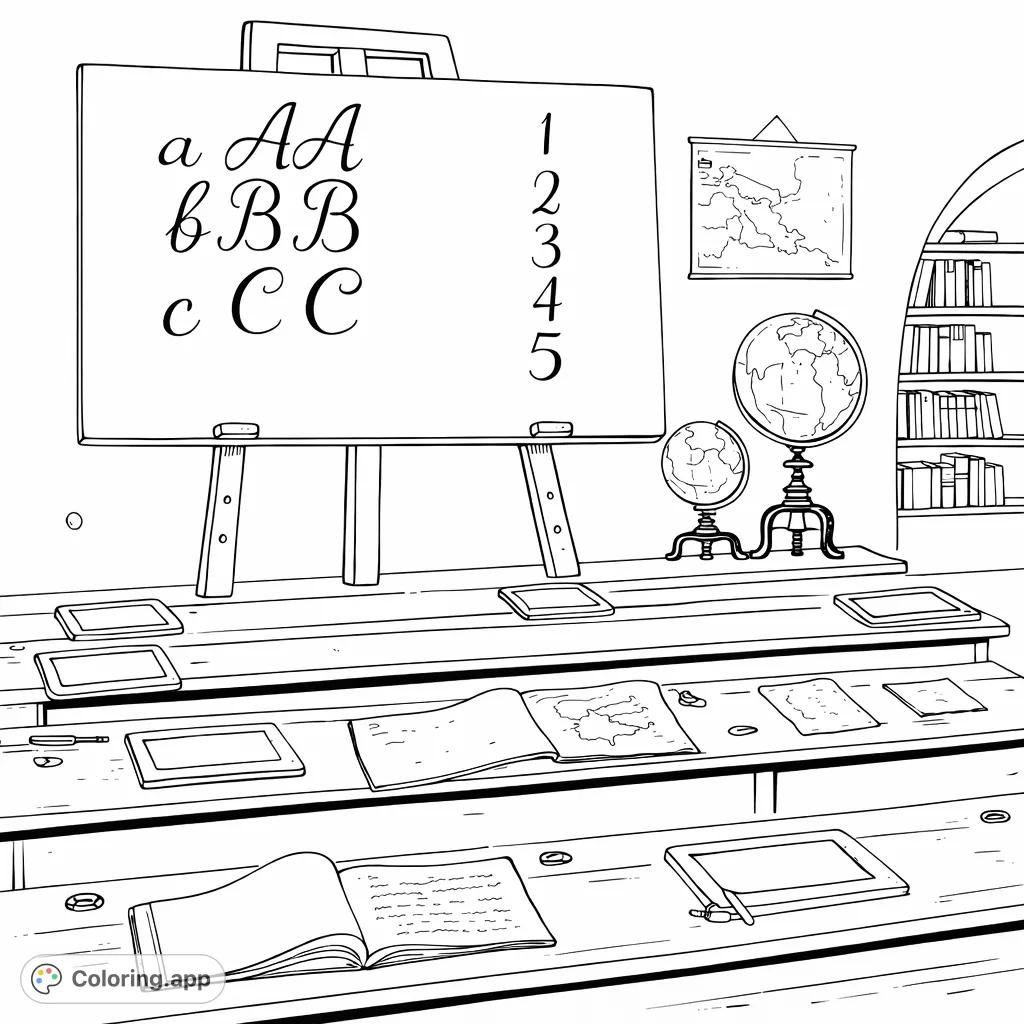 Explore a charming vintage classroom scene featuring a blackboard, wooden desks, old books, and globes. A nostalgic academic setting awaiting your creative touch.