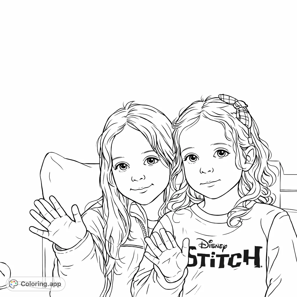 A heartwarming free printable coloring page featuring two adorable girls waving with friendly smiles. Perfect for kids to express creativity and practice fine motor skills.