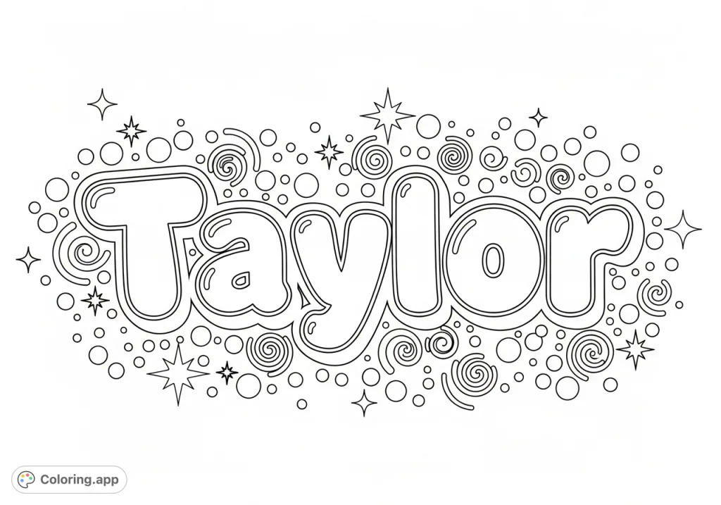 A fun "Taylor" name coloring page featuring large, smooth bubble letters adorned with playful starbursts, swirls, and dots, perfect for personalization.