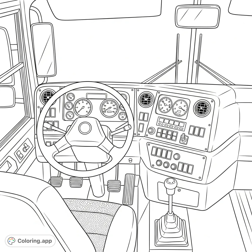 Explore a realistic school bus cockpit coloring page, featuring a detailed dashboard, steering wheel, and controls, perfect for vehicle enthusiasts.