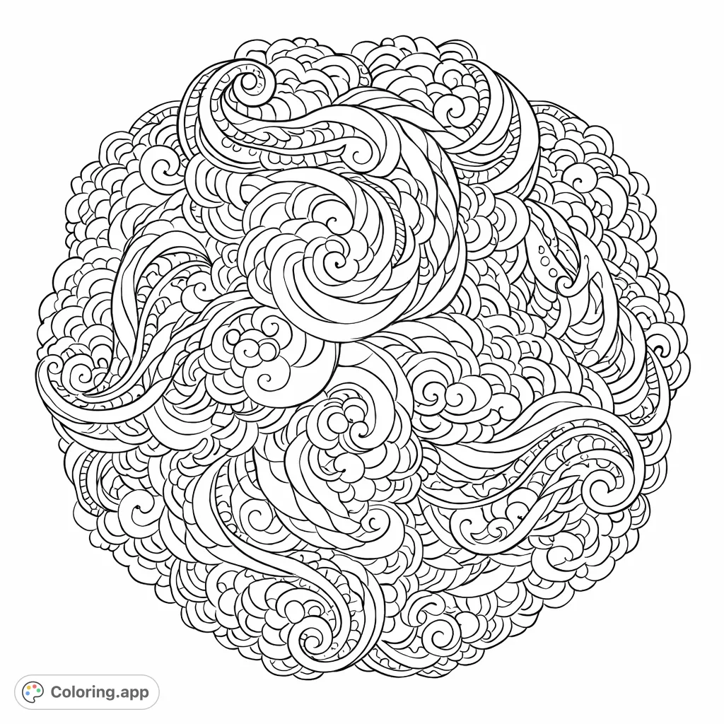 Unwind with this intricate mandala coloring page featuring a mesmerizing array of swirling patterns, organic shapes, and delicate dot details for mindful coloring.