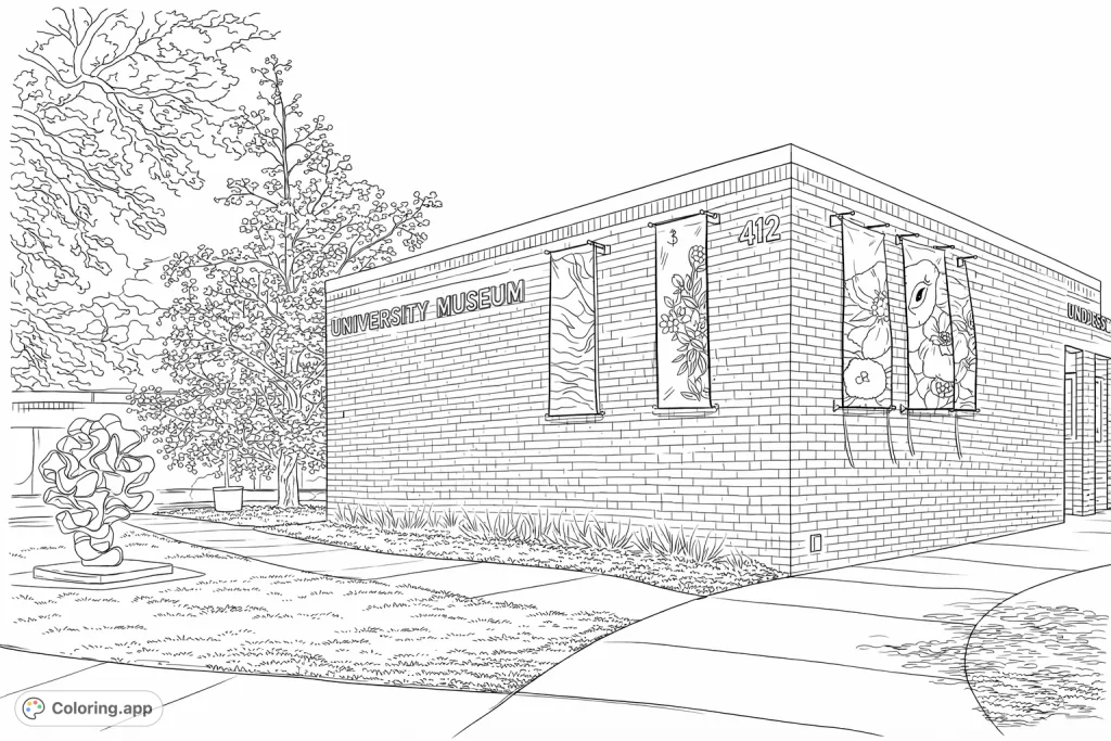 Explore a detailed university museum exterior with brick textures, hanging art banners, an abstract sculpture, and landscaped grounds. A captivating scene for all ages.