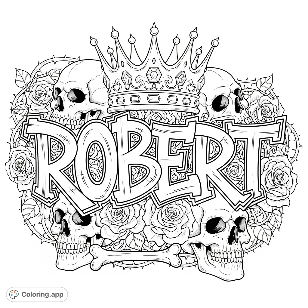 A striking Robert graffiti coloring page featuring stylized lettering, a majestic crown, detailed skulls, and beautiful roses for a personalized artistic challenge.