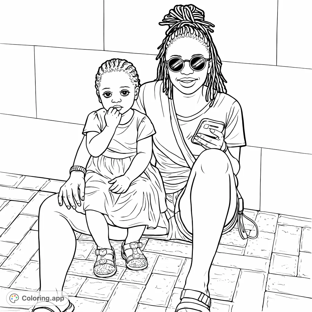 A heartwarming portrait of a woman and child seated together, offering a delightful scene for personal expression. Explore textures and details for a unique coloring experience.