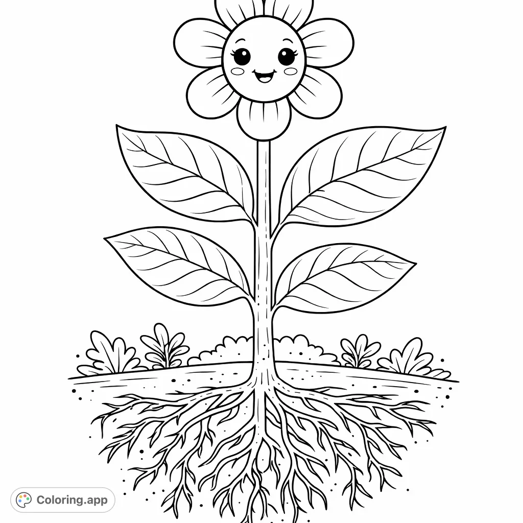 Discover a charming, smiling flower with its detailed roots and leaves, perfect for exploring nature's beauty and growth. A delightful, educational coloring page.