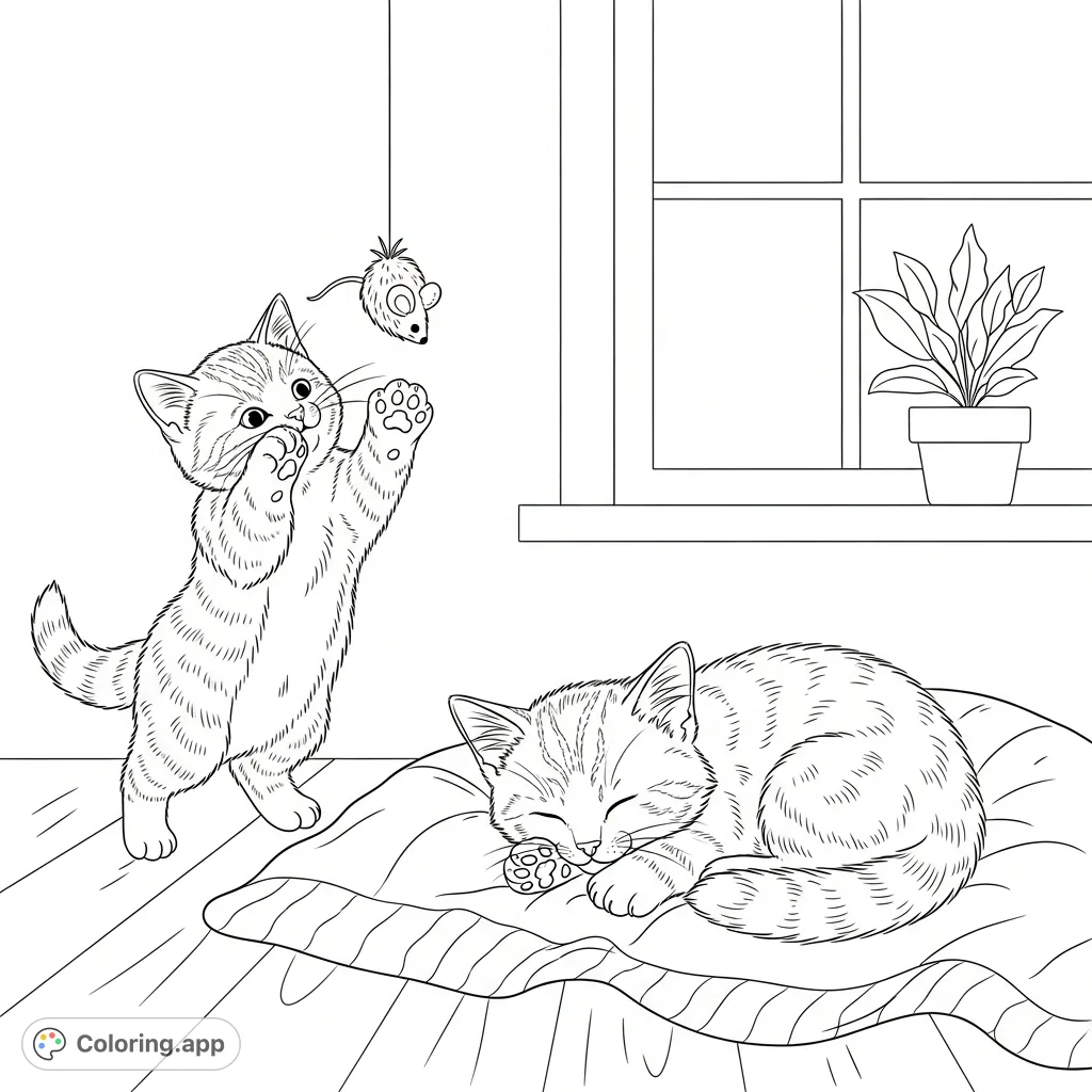 Discover two charming kittens, one napping peacefully and the other engaged in playful antics with a toy. A delightful cat coloring page perfect for relaxation.