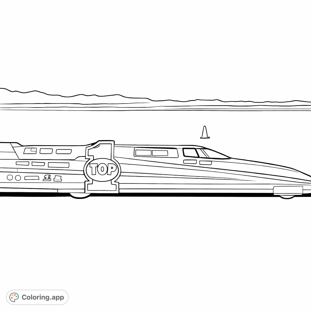 Experience the thrill of speed with this land speed record car coloring page! Capture the sleek design and powerful presence of a racer on open flats.