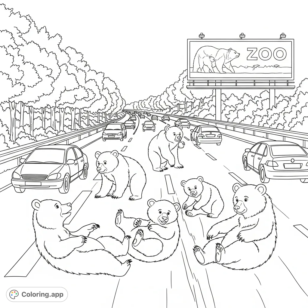 A heartwarming scene featuring a family of bears playing by a busy highway with a prominent zoo billboard, perfect for a fun, free printable coloring page.