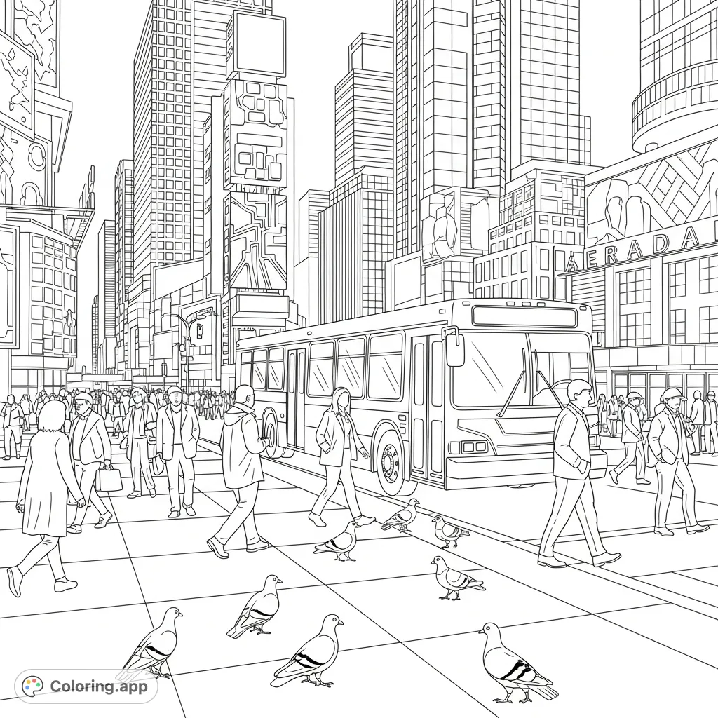 An exciting Times Square scene with towering billboards, a city bus, bustling pedestrians, and pigeons on a vibrant city street. A fun urban adventure coloring page.