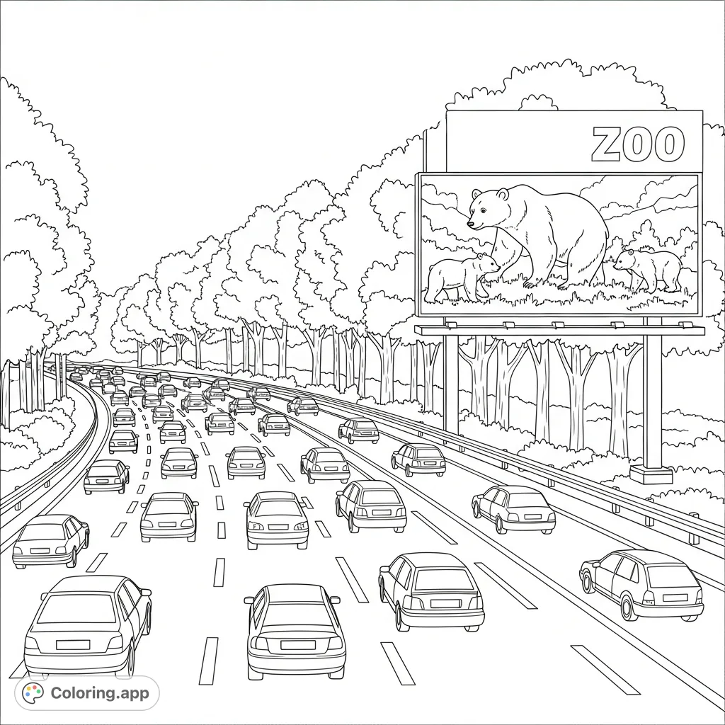 A dynamic highway scene with cars and trees, featuring a prominent zoo billboard showcasing a walking bear family. A perfect free printable coloring page.