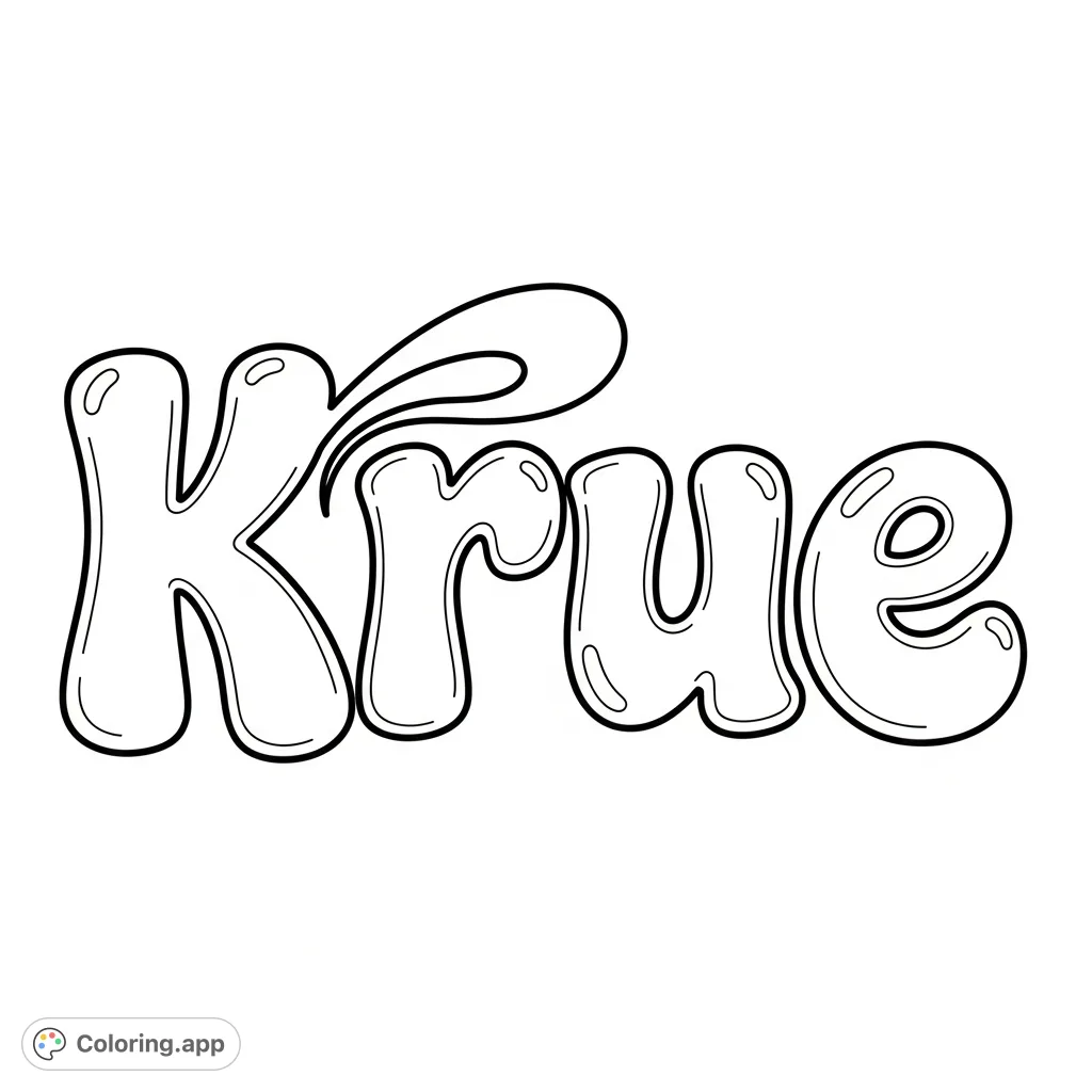 A charming free printable Krue name coloring page featuring whimsical, rounded bubble cursive letters with thick outlines, perfect for personalizing and creative expression.