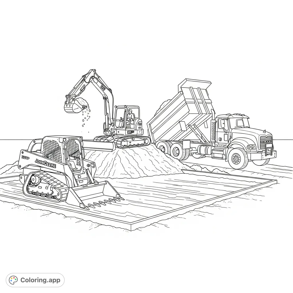 Detailed construction scene with a John Deere skid steer grading, a Cat mini excavator loading a Mack dump truck, perfect for heavy machinery enthusiasts.