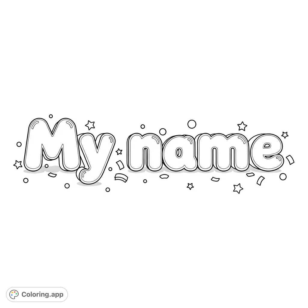 Personalize and color "My name" in fun, inflated bubble letters surrounded by festive confetti. A delightful and customizable coloring page for all ages.
