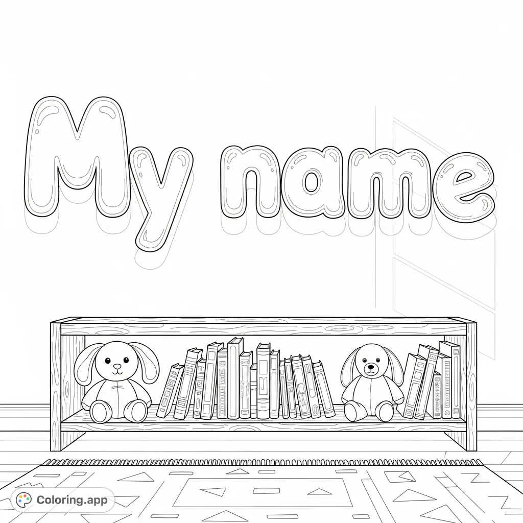 Color "My name" in bubble letters above a cozy shelf with storybooks and plush toys. A delightful, personalized scene for any child's room.