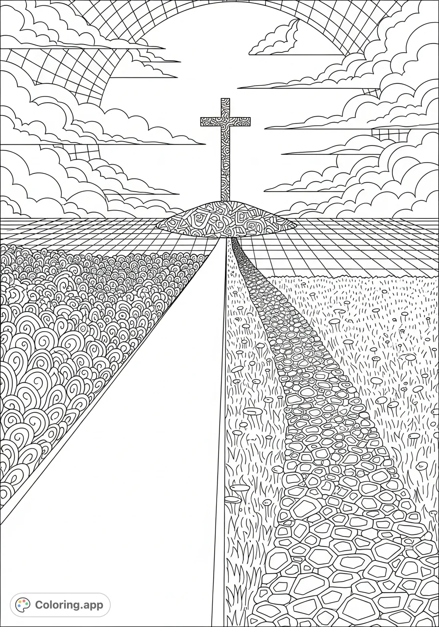 Explore spiritual paths with this free printable coloring page featuring a wide, smooth road and a rugged, narrow path leading to a cross. Perfect for reflection.