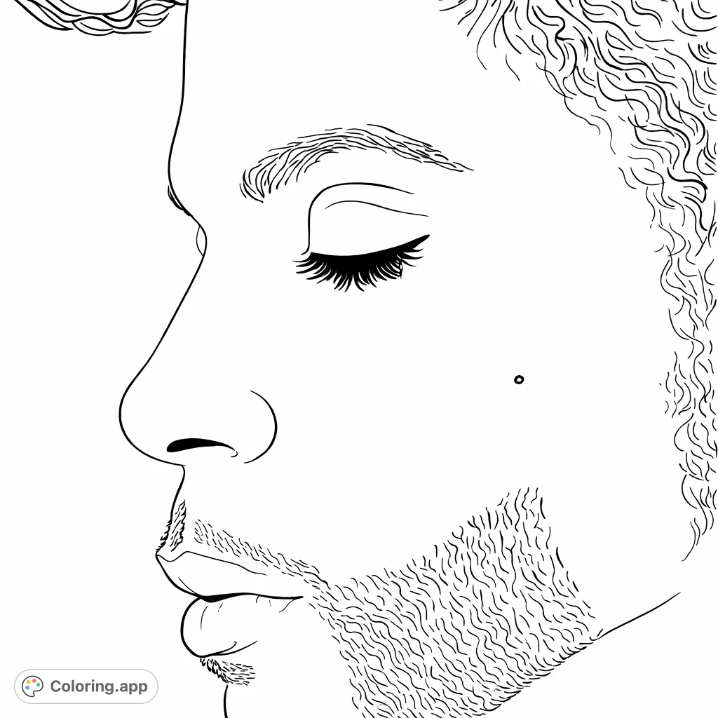 A striking profile portrait coloring page of a figure with distinctive features, intricate facial hair, and a serene expression, offering a detailed and rewarding artistic challenge.