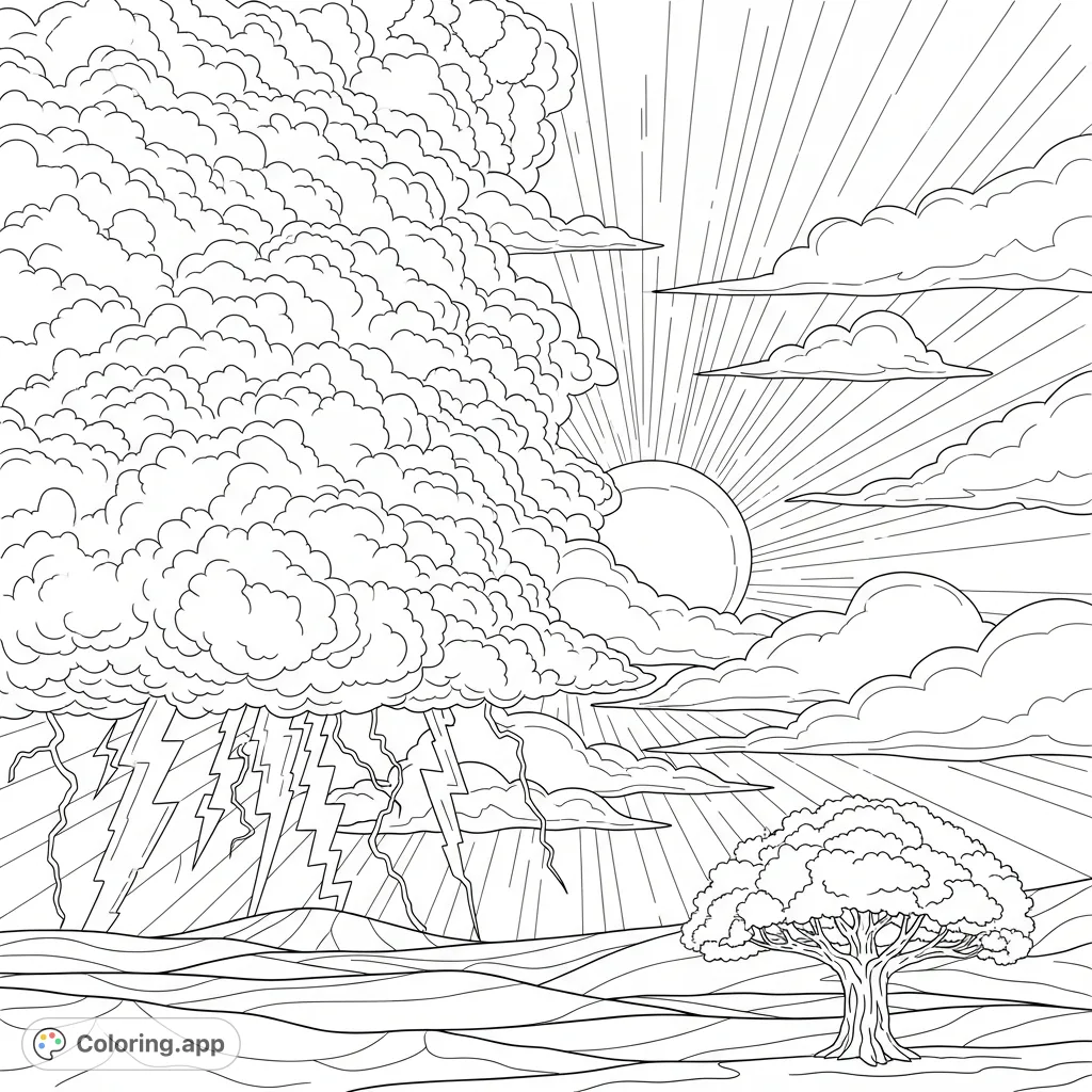 Experience the majestic transition from a powerful thunderstorm to a serene sunrise. This dramatic scene features detailed clouds, lightning, and emerging sun rays.