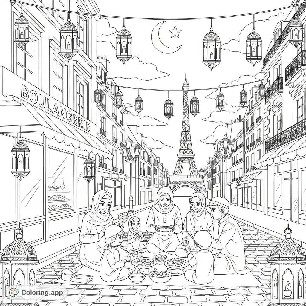 Experience a heartwarming Ramadan in Paris. A family shares a meal near a boulangerie, with the Eiffel Tower, lanterns, and a crescent moon illuminating the scene.
