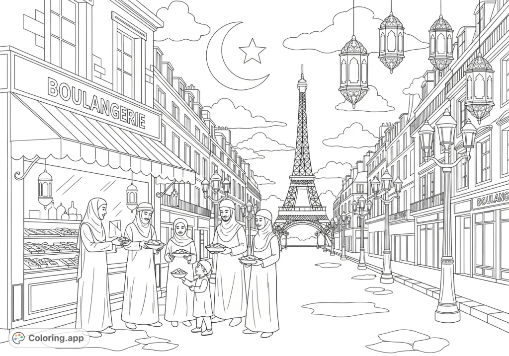Experience a heartwarming Ramadan in Paris coloring page. A family shares food under the Eiffel Tower and crescent moon, celebrating charity and community.
