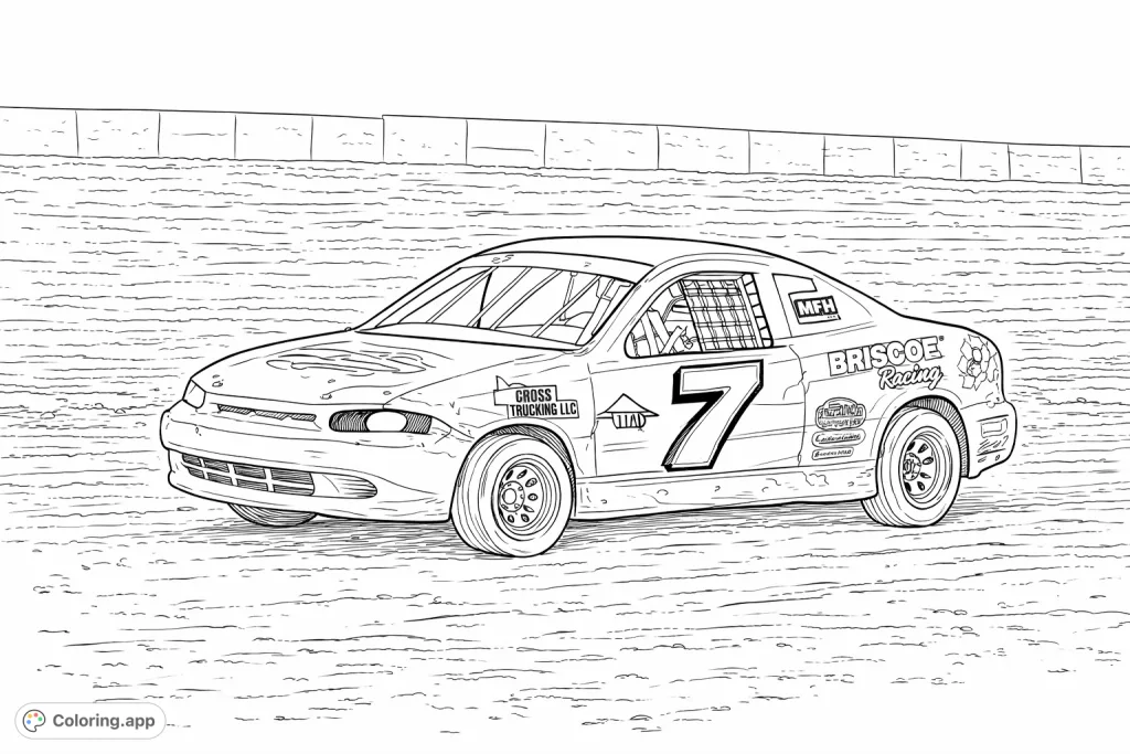 Experience the thrill of the race with this detailed stock car, adorned with numbers and sponsor logos, ready for the dirt track. A dynamic sports coloring page.