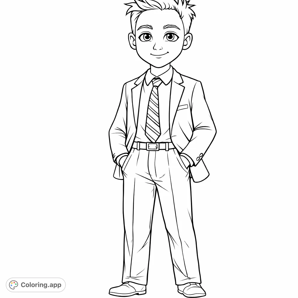 A cheerful young boy in a sharp suit and striped tie, standing confidently with hands in pockets. A charming character ready for your creative touch.
