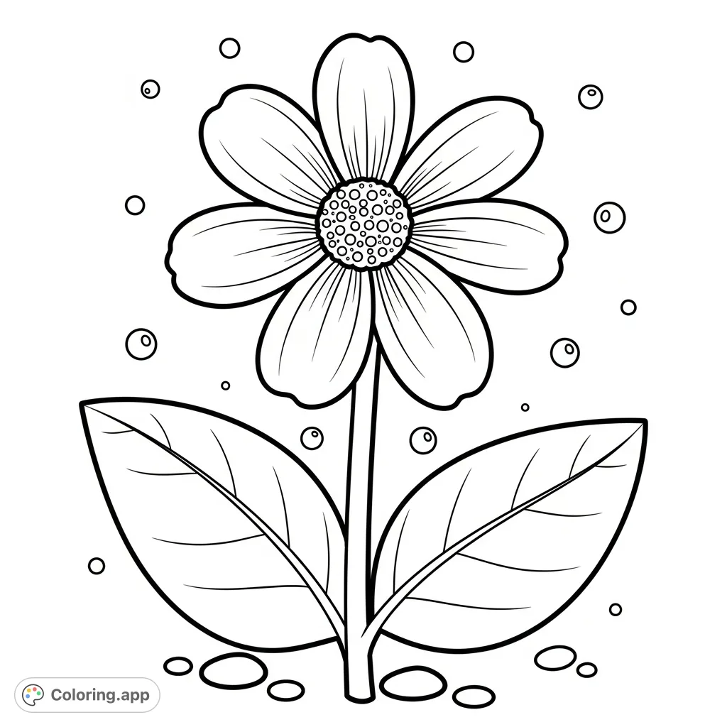 A simple flower coloring page with bold lines, perfect for young artists to practice coloring. Features a large blossom, stem, and leaves.