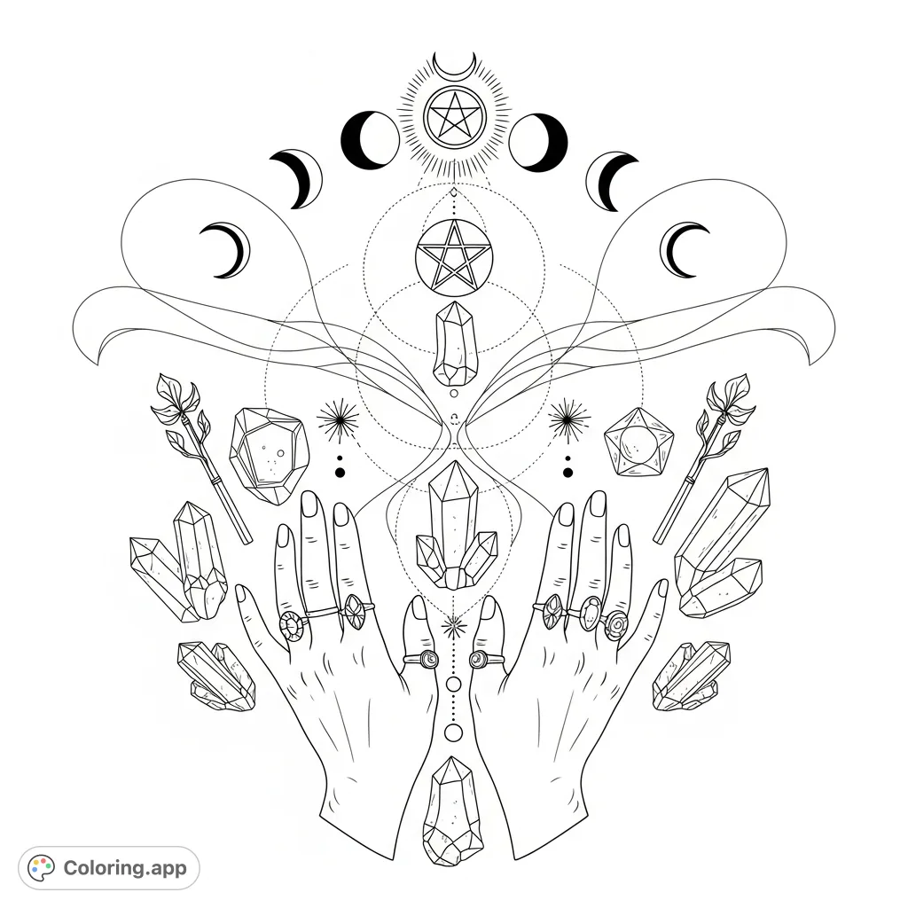 Explore a mystical journey with this adult coloring page featuring elegant hands, sparkling crystals, celestial moon phases, and ancient tarot symbols interwoven with flowing energy.