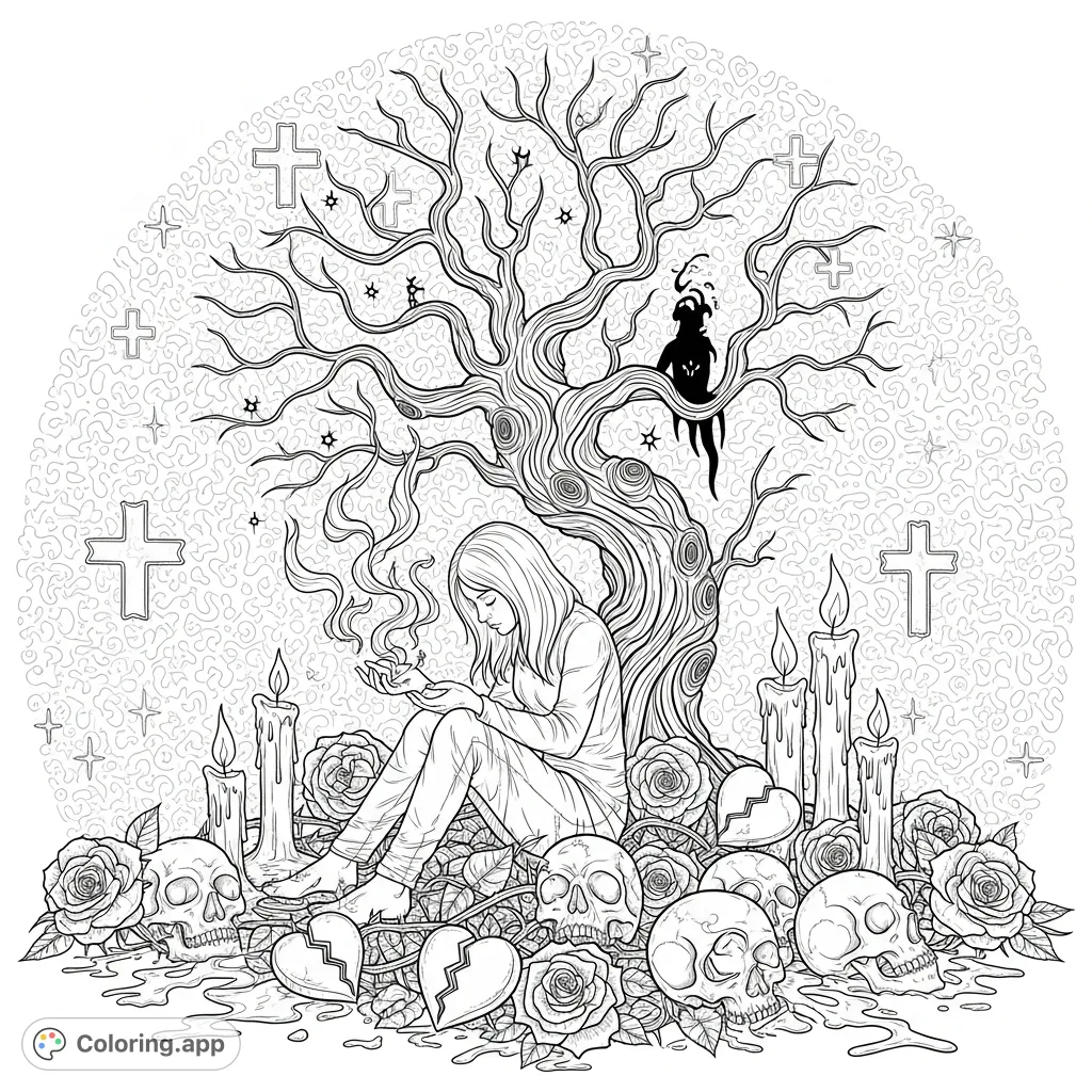 Explore a detailed grunge aesthetic coloring page featuring a lone figure under a dead tree, surrounded by symbolic elements like skulls, thorny roses, and hidden cryptic phrases. A contemplative, high-detail design for deep expression and adult coloring pages.