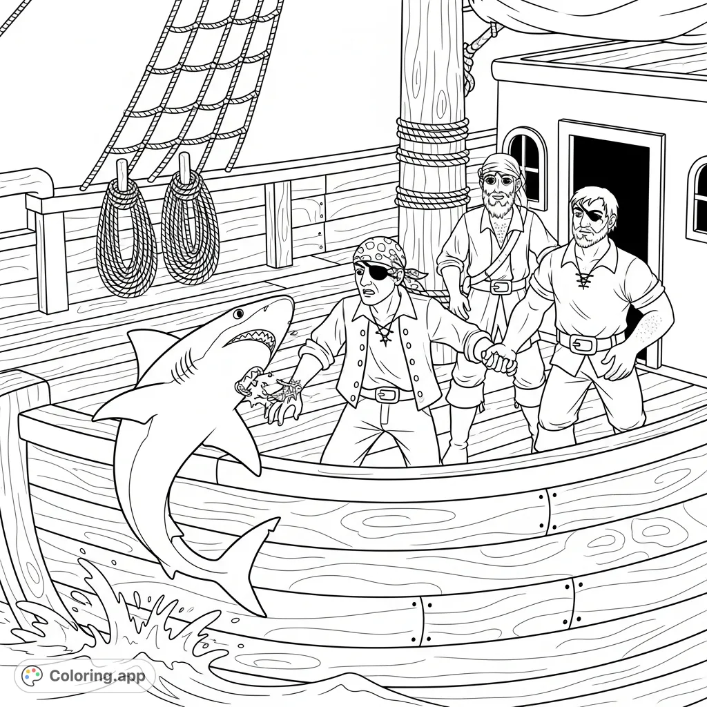 An adventurous pirate coloring page featuring a feisty shark surprising a pirate on a boat. Engage with this fun scene, perfect for coloring enthusiasts!
