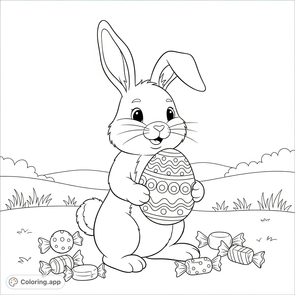 A joyous Easter bunny holds a decorated egg, surrounded by sweet treats. A perfect Easter bunny coloring page for spring celebrations and festive fun.