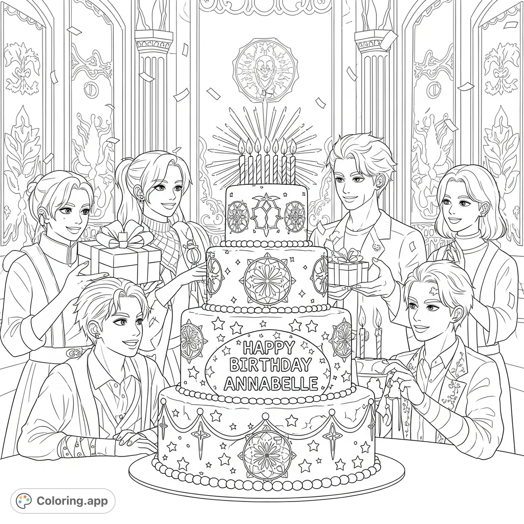 Join K-pop demon hunters celebrating Annabelle's birthday with a grand cake, gifts, and falling confetti in an opulent hall. A fun, detailed page for all ages.