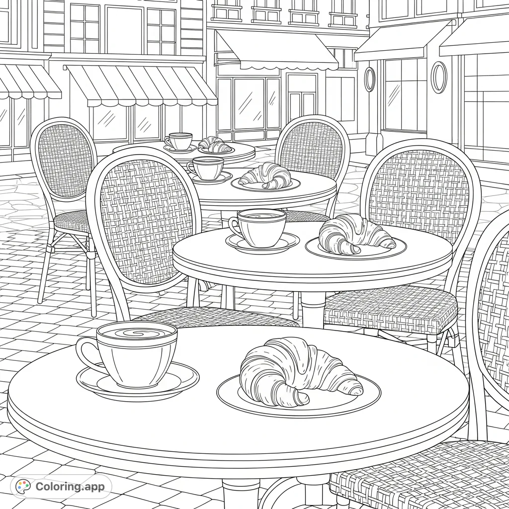 An inviting outdoor cafe scene with small tables, coffee cups, flaky croissants, and chairs facing a charming street. Perfect for a relaxing coloring experience!