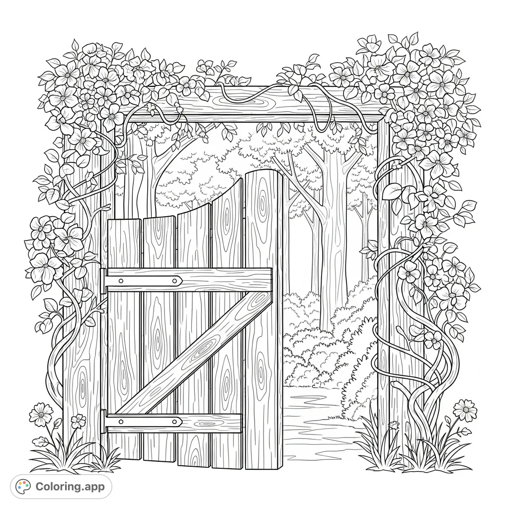 Discover a charming wooden forest gate adorned with lush vines and delicate flowers, inviting you to explore nature's hidden beauty. A detailed coloring page.
