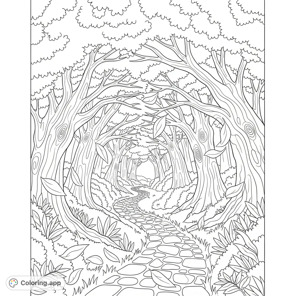 Discover a serene stone path winding into a mystical forest, framed by tall arching trees and gently falling leaves. A tranquil, enchanted landscape.