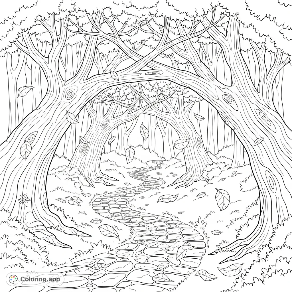 A tranquil forest scene featuring a winding stone path, ancient trees forming an arch, and delicate falling leaves, inviting a peaceful coloring experience.