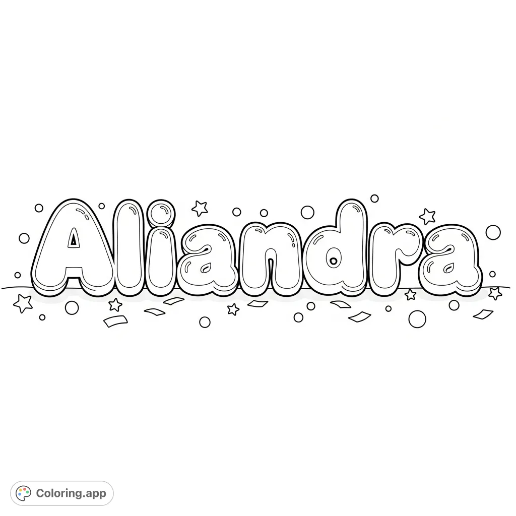 A cheerful Aliandra coloring page featuring bold, rounded bubble letters with festive scattered confetti. Perfect for personalization and creative fun.