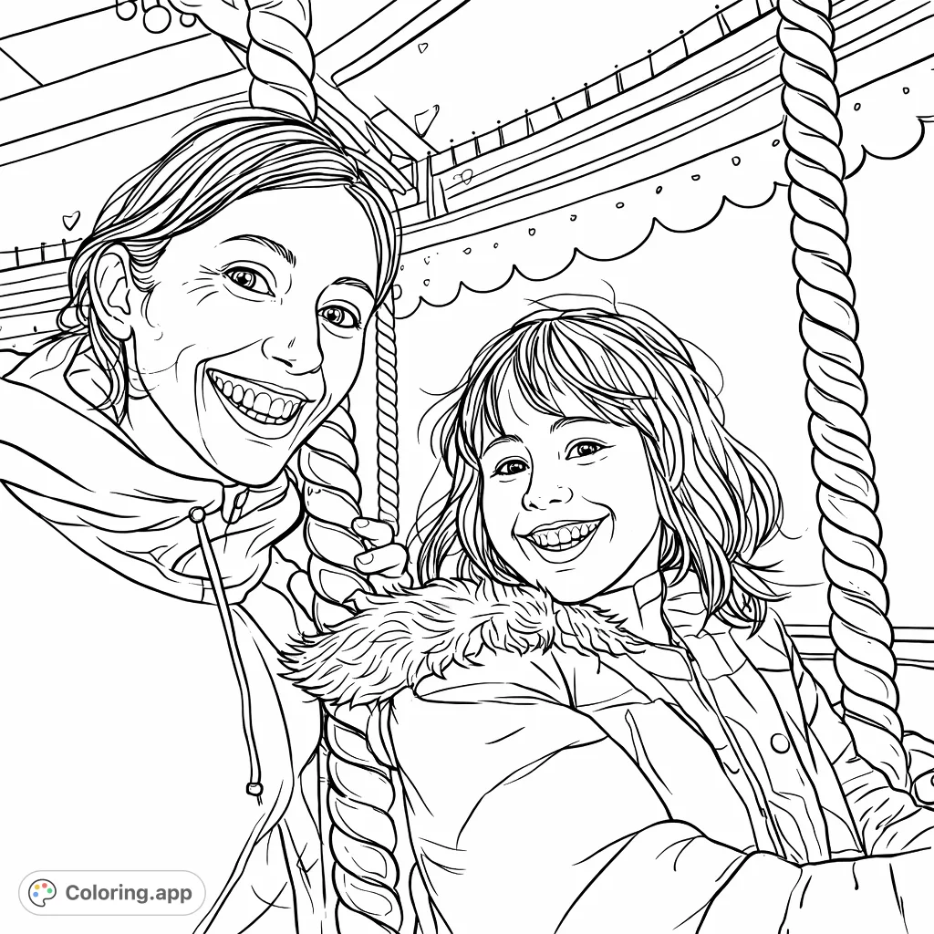 A joyful woman and child share beaming smiles on a whimsical carousel ride. This fun-filled coloring page captures a cherished moment of happiness.