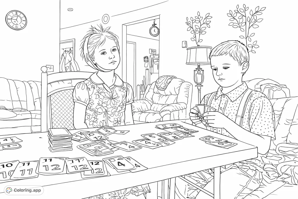 Engage in a delightful card game scene featuring two children, a table full of cards, and a warm, inviting living room background. Perfect for creative minds!