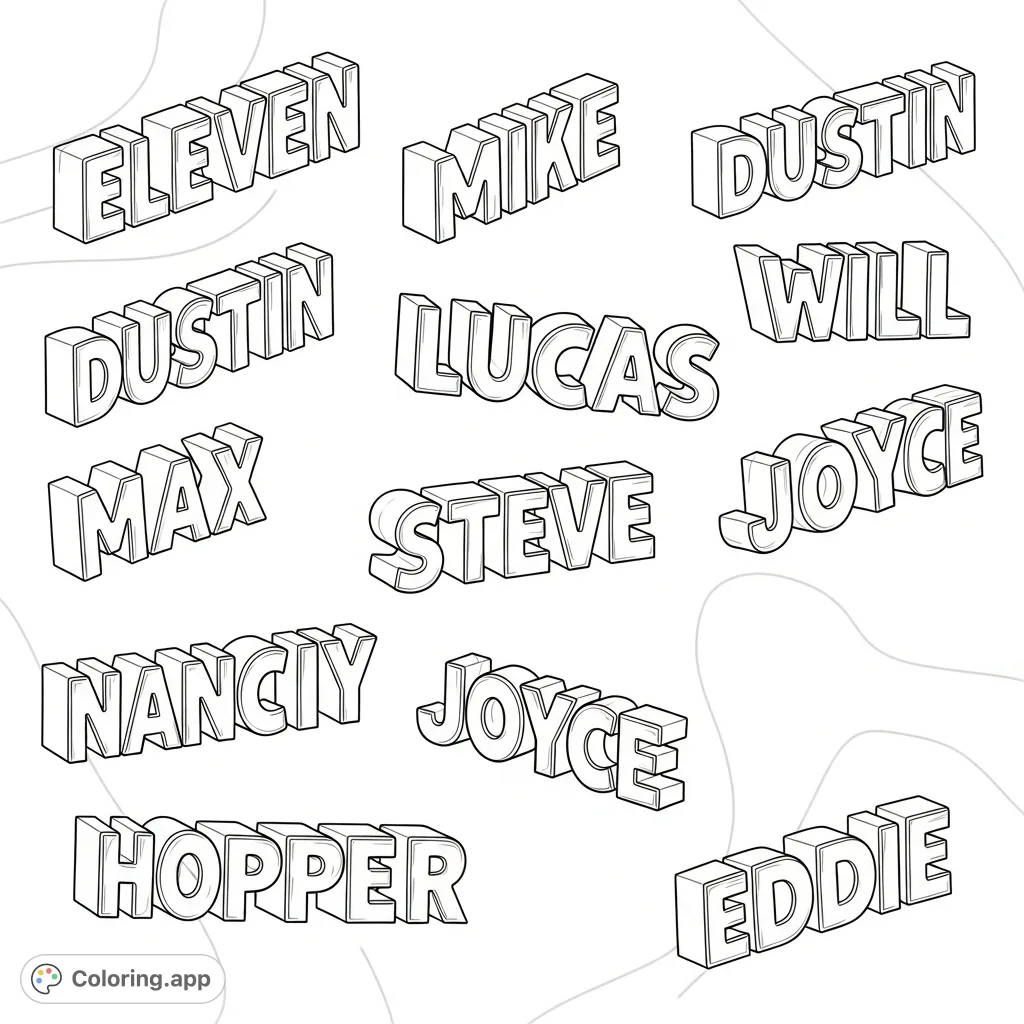 Immerse yourself in the world of Stranger Things with this unique coloring page featuring fan-favorite character names rendered as playful, dimensional bubble legos.