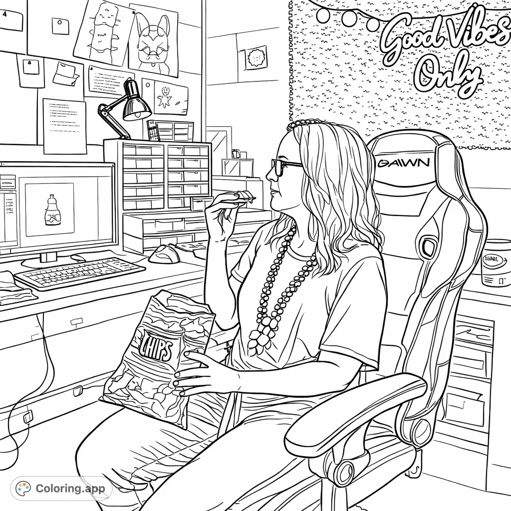 Capture a moment of relaxation in a detailed office workspace. A woman enjoys a snack at her desk, surrounded by office tools and personal decor.