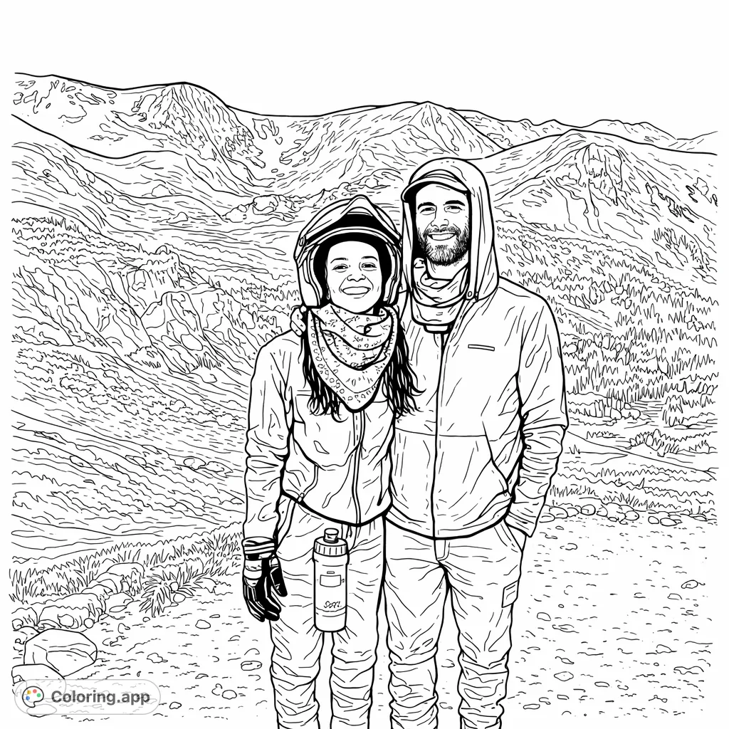 Color a dynamic mountain adventure featuring two smiling explorers amidst rugged peaks, dense forests, and snowy patches. A challenging and rewarding outdoor scene.
