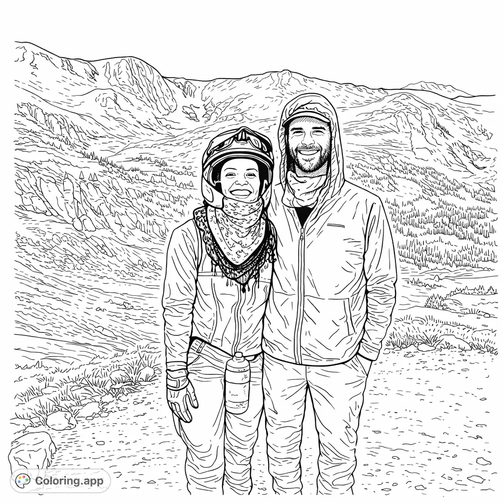 Embark on a mountain adventure! This hiking coloring page features two smiling adventurers against a backdrop of majestic peaks, rocky slopes, and dense forests.