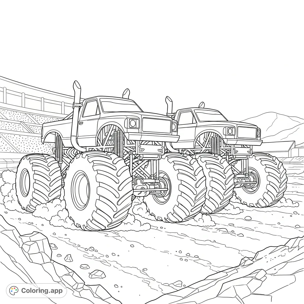 Roaring monster trucks stand side by side on a rugged dirt track, their massive tires and powerful forms ready for action. A thrilling monster truck coloring page for enthusiasts!