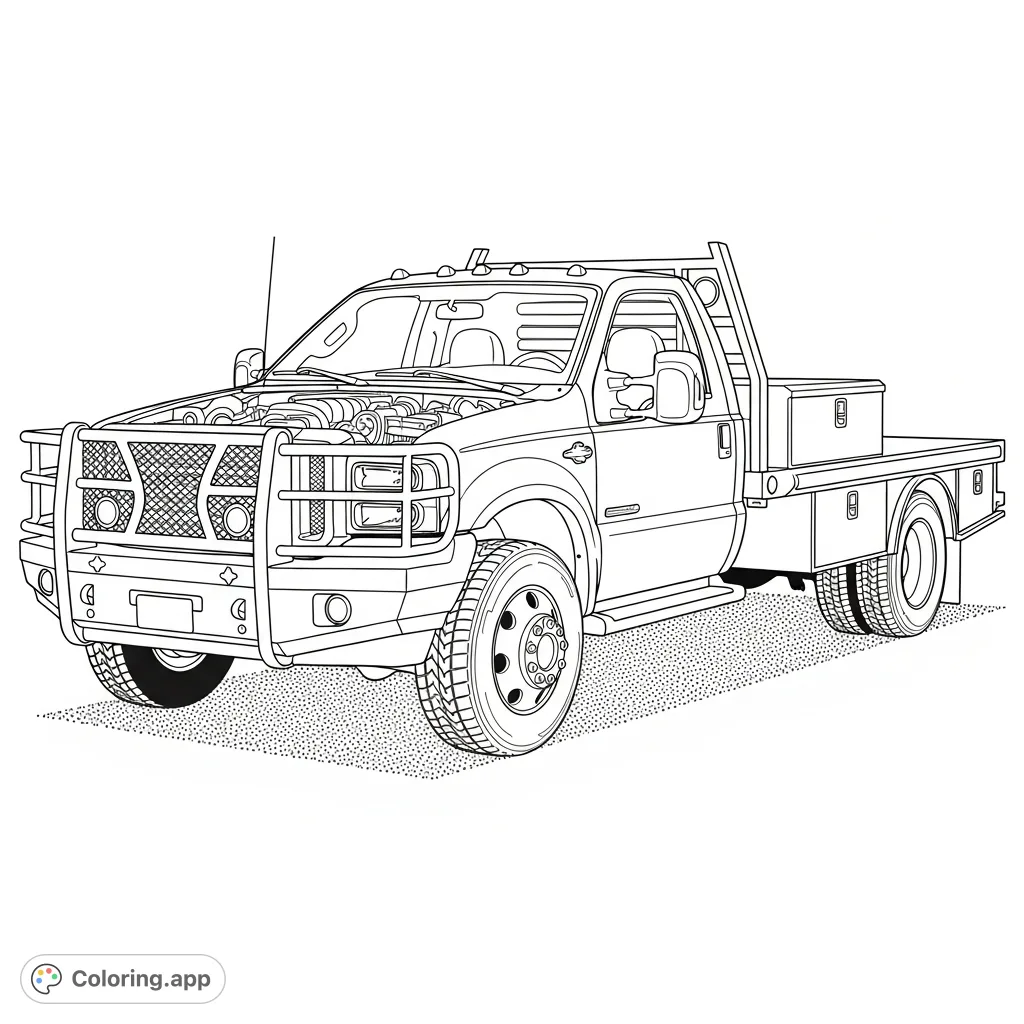 Color a powerful 6.0 Power Stroke truck with a Bradford flatbed and Ranch Hand bumper, perfect for truck enthusiasts and detailed coloring fun.
