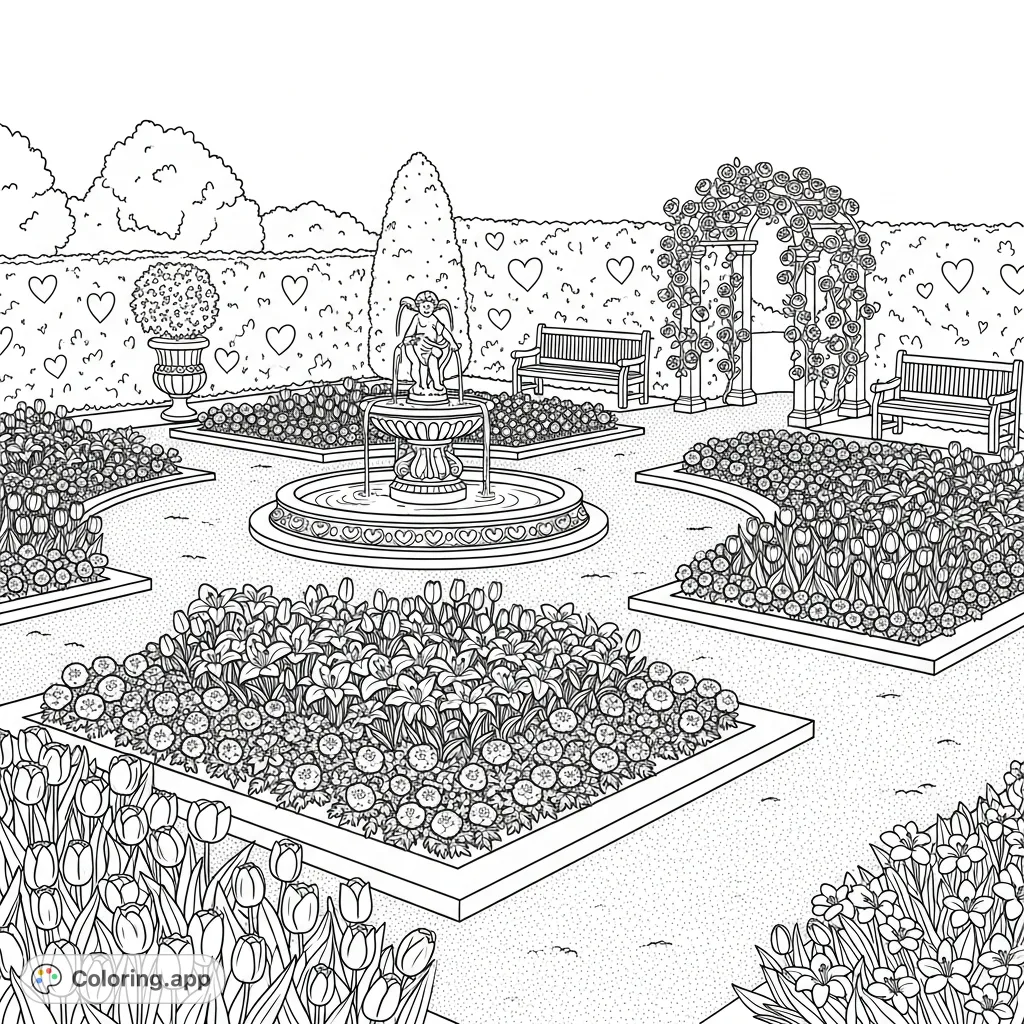 Discover a beautiful formal garden coloring page featuring symmetrical flowerbeds, an ornate cherub fountain, and elegant stone benches. A serene, detailed scene.