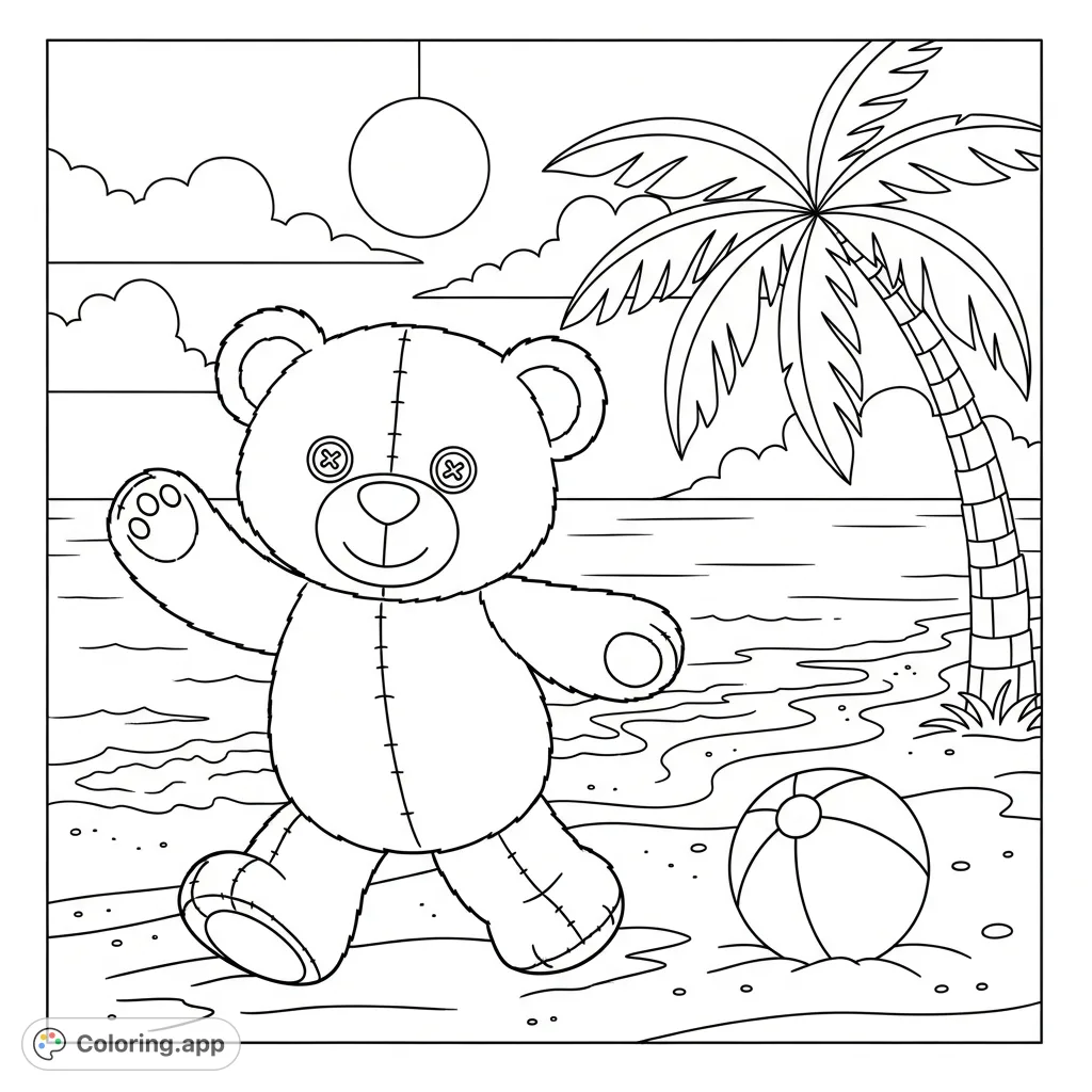 Join a cheerful teddy bear dancing on a sunny beach, complete with gentle waves, a swaying palm tree, and a playful beach ball. A delightful scene for all ages!